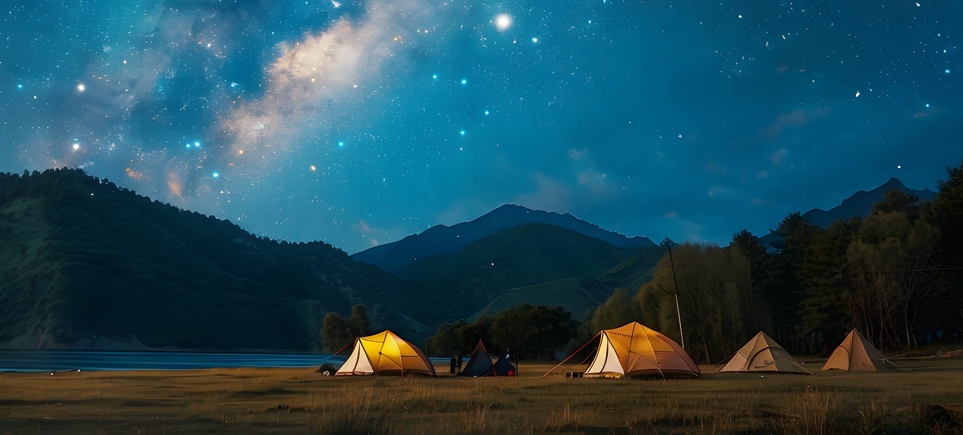 Tende illuminate in un campo sotto un cielo stellato tra le montagne