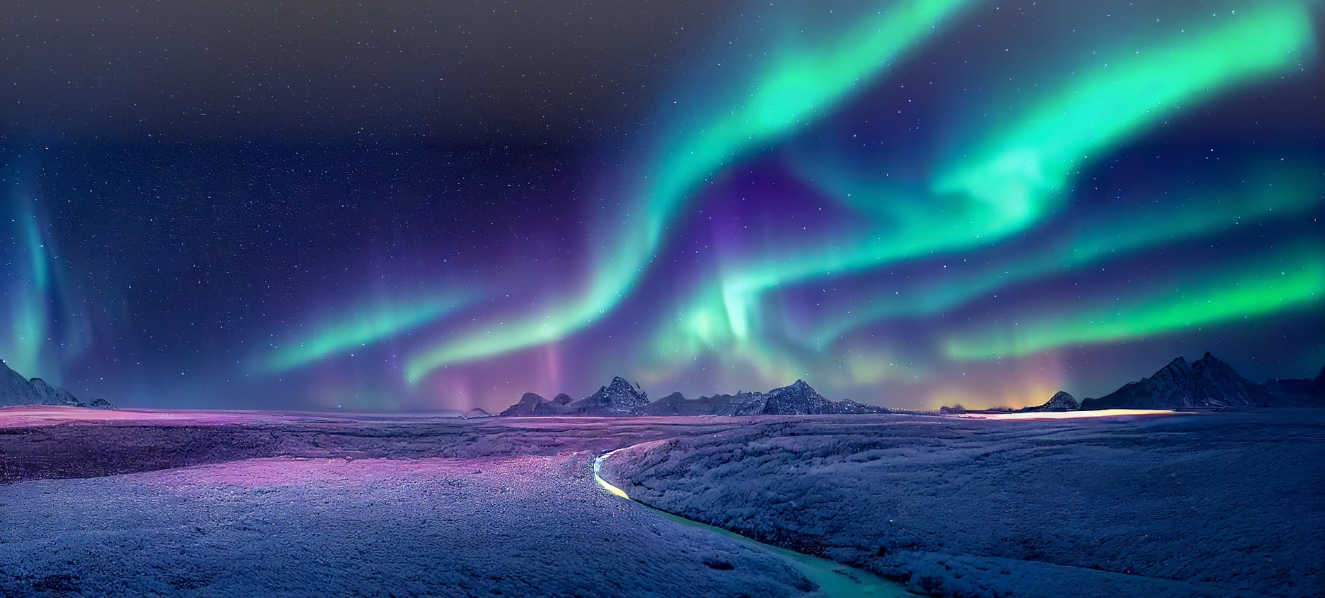 Aurora boreale verde e viola sopra un paesaggio innevato